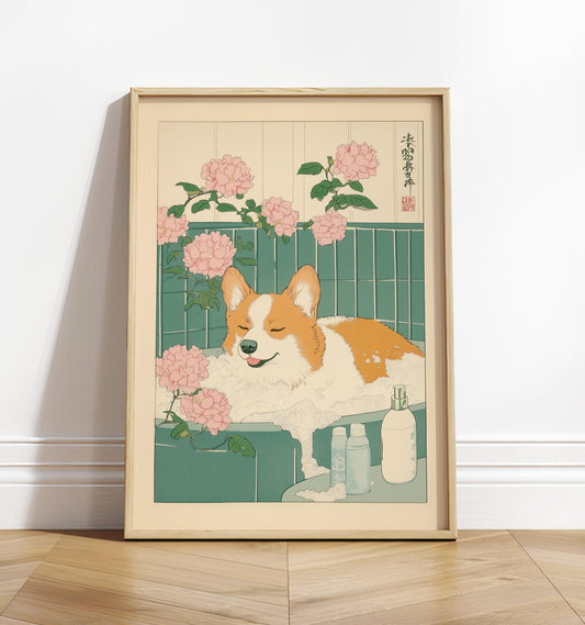 Corgi in Bathtub Art Print: Japanese Ukiyo-e Style Bathroom Decor