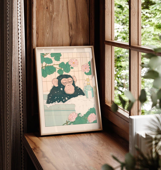 Funny Monkey Bathroom Print: Ukiyo-e Style Animal Art Poster
