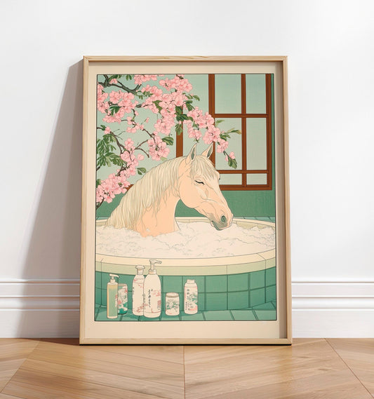 Ukiyo-e Horse Bathroom Print: Japanese Minimalist Wall Art