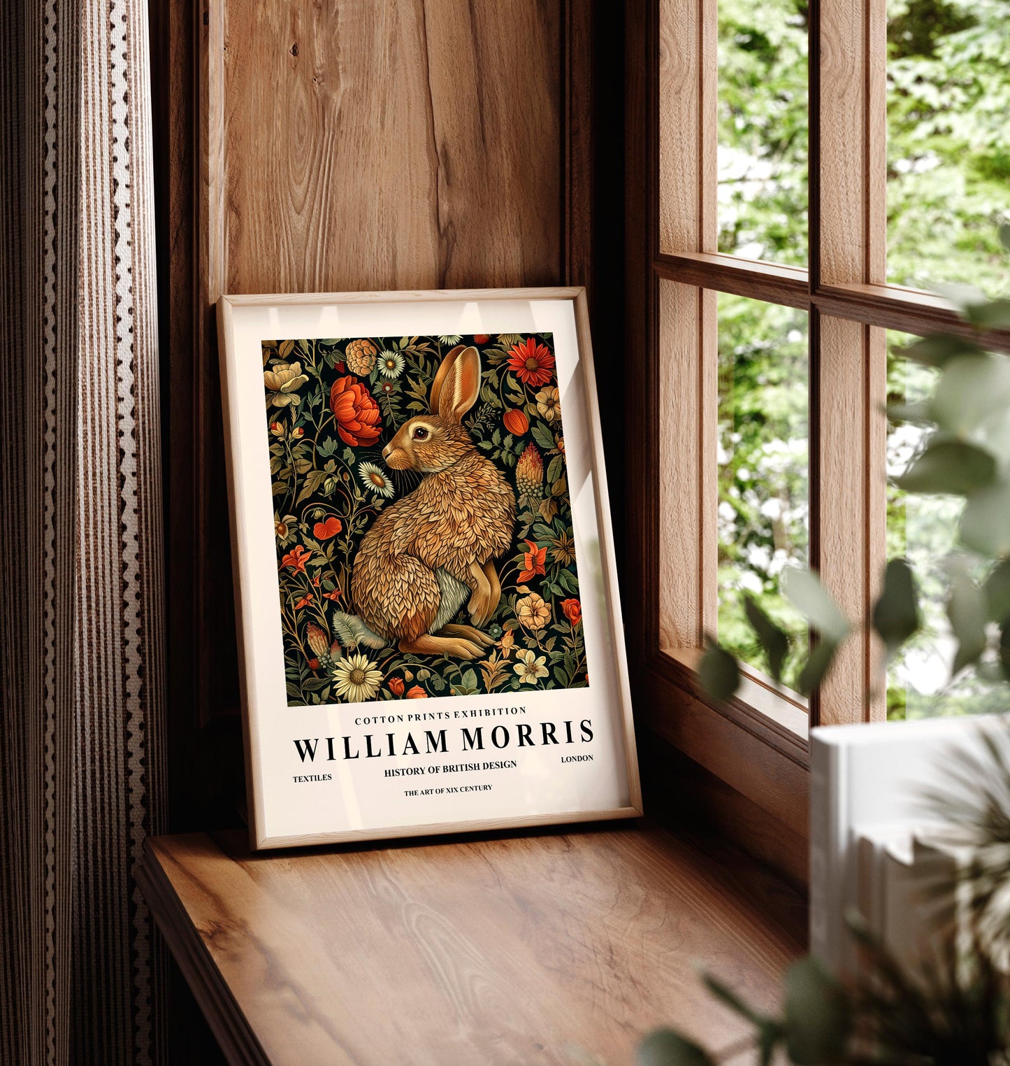 Rabbit Art Print: William Morris Style Dark Botanical Wall Decor