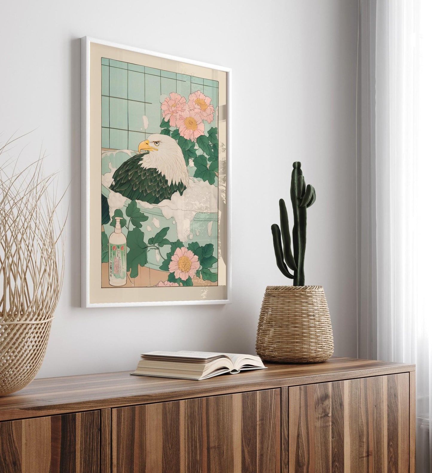 Bald Eagle in Bathtub Print: Ukiyo-e Japanese Bathroom Art