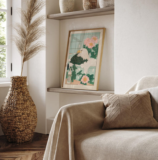 Bald Eagle in Bathtub Print: Ukiyo-e Japanese Bathroom Art
