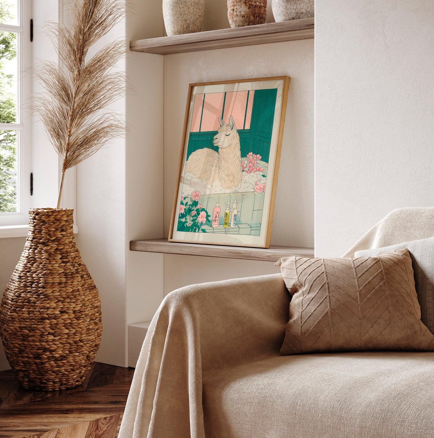 Llama Bathroom Print: Funny Japandi Ukiyo-e Animal Art