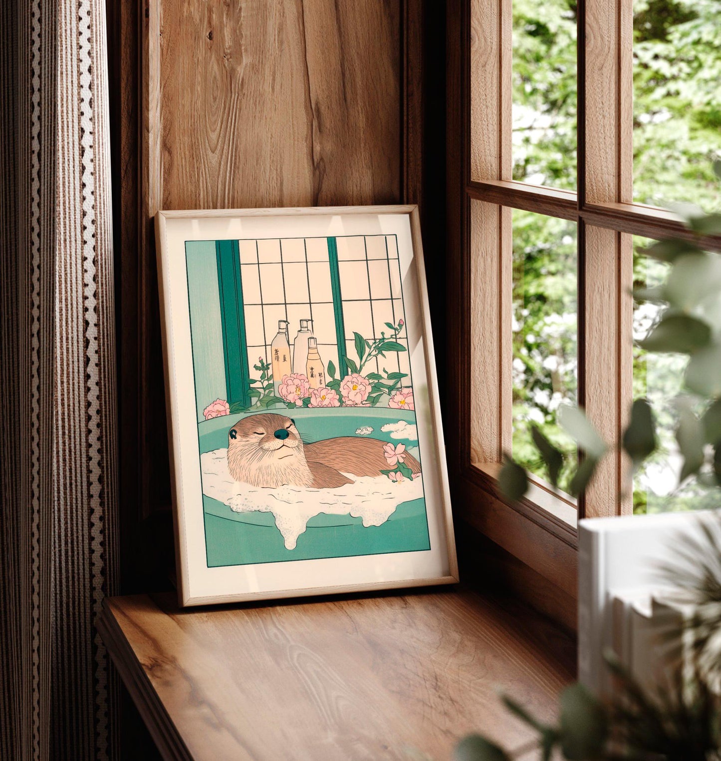 Funny otter art print, Japanese bathroom print, Aesthetic relaxation art, Japandi poster, Aesthetic minimalism artwork, Neutral wall art