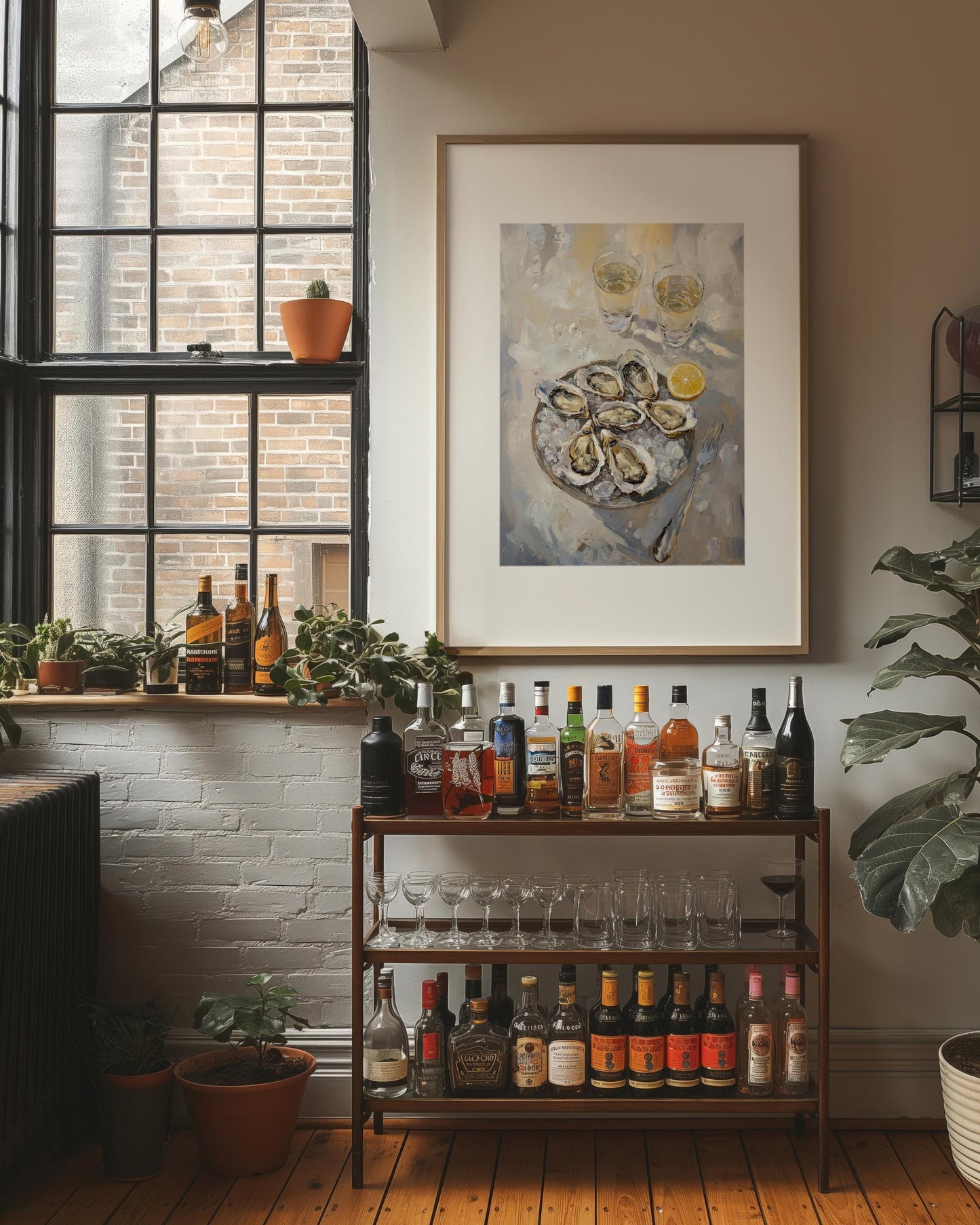Oyster and White Wine Bar Cart Art Print | Cute Quirky Whimsical | Cocktail Art Bar Cart Decor | Coastal Wall Art | Oyster Art Print Gift