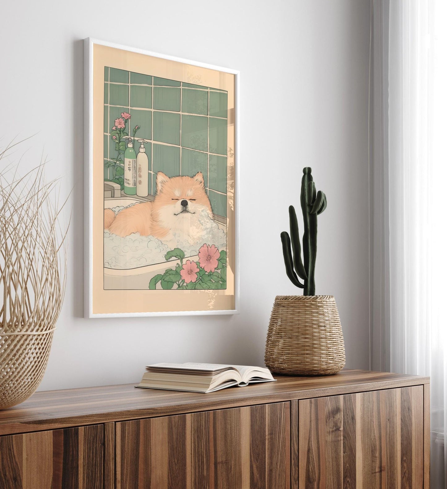 Pomeranian Bath Print: Ukiyo-e Japanese Dog Art