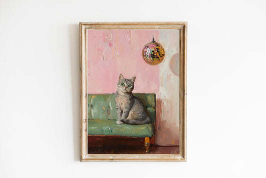 Tabby Cat with Disco Ball Art Print | Cute Quirky Whimsical | Cocktail Art Bar Cart Decor | Fine Art Print Gift | Trendy Home Wall Art Print