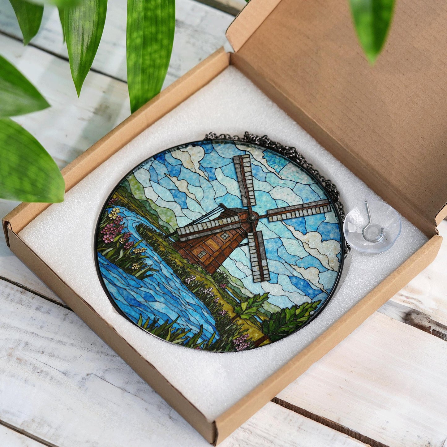 Windmill Stained Glass Suncatcher with River and Flowers Nature Gift for Garden Lovers