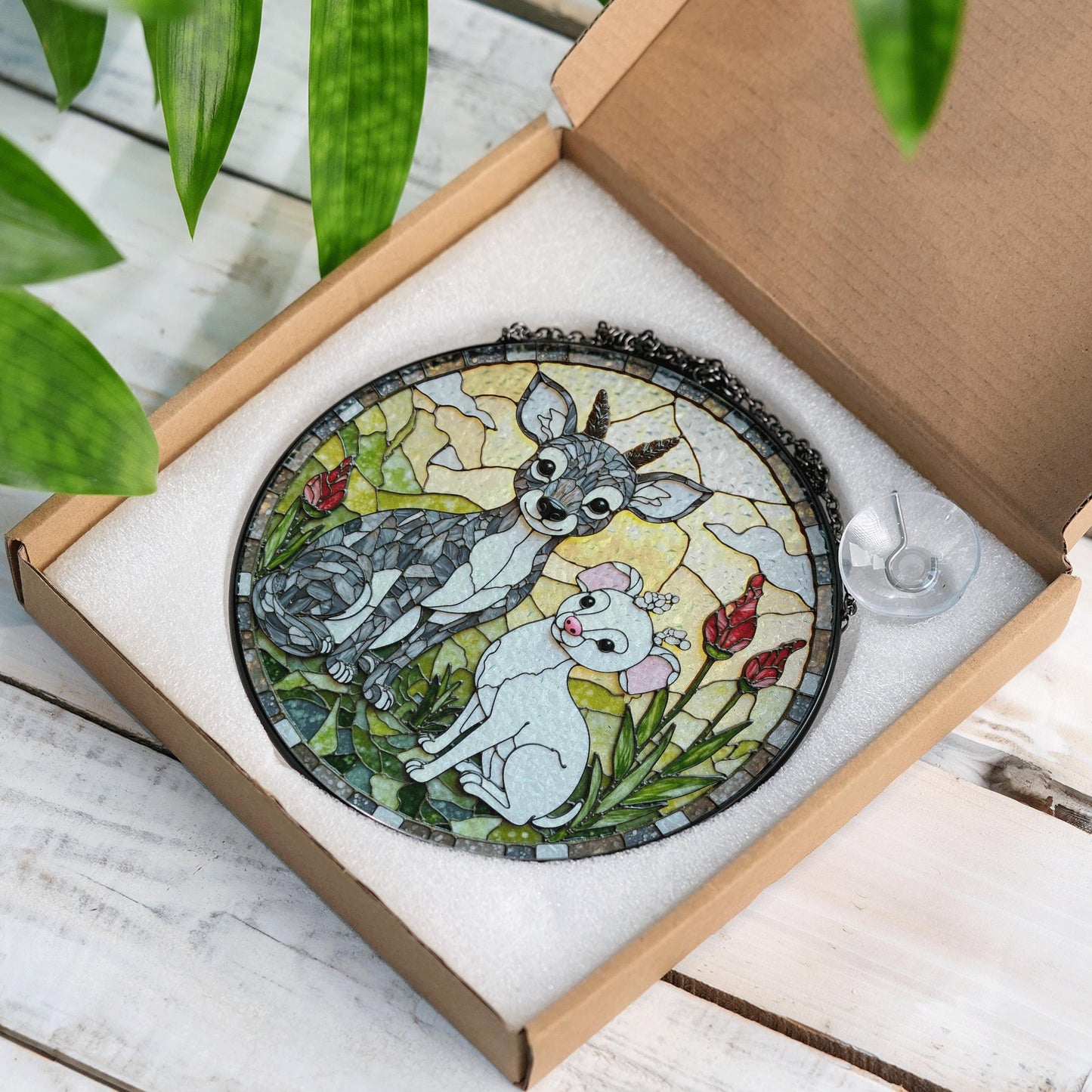 Stained Glass Dogs Suncatcher Chihuahua and Deer Handcrafted Gift for Dog Lovers