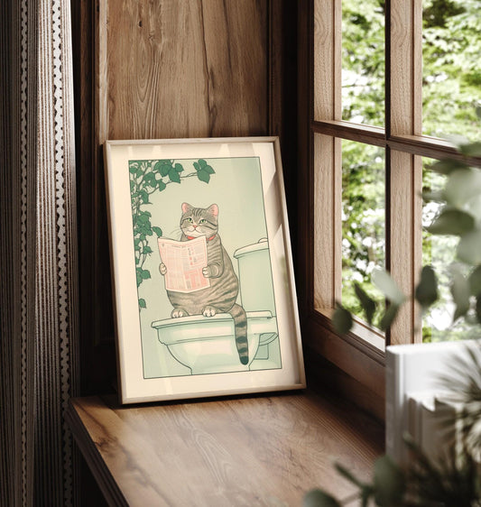 Tabby Cat Bathroom Print: Funny Japanese Ukiyo-e Poster