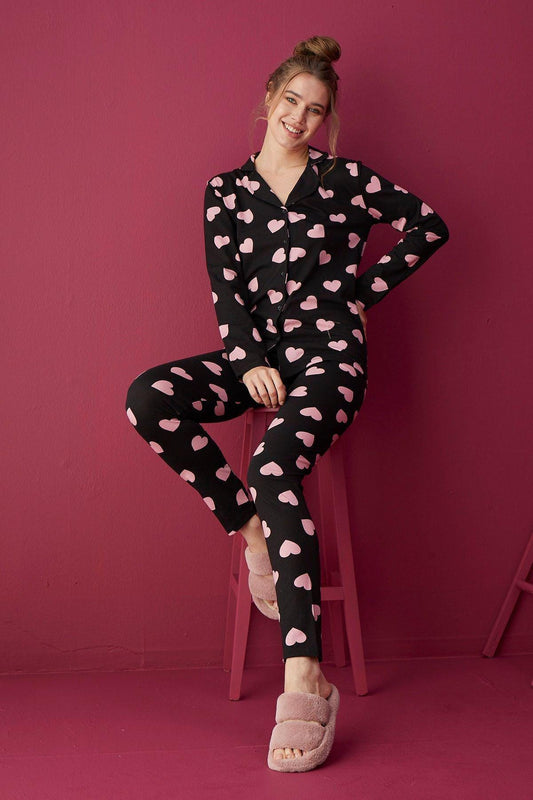 Pink Heart Women's Pajama Set – Women Pajama Button-Up Sleepwear, Stylish Black and Pink Loungewear, Cozy Gift Idea for Her