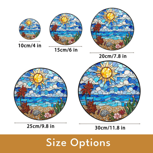 Stained Glass Beach Landscape Sun Catcher Ocean Sun Clouds Palm Trees Gift for Nature Lovers