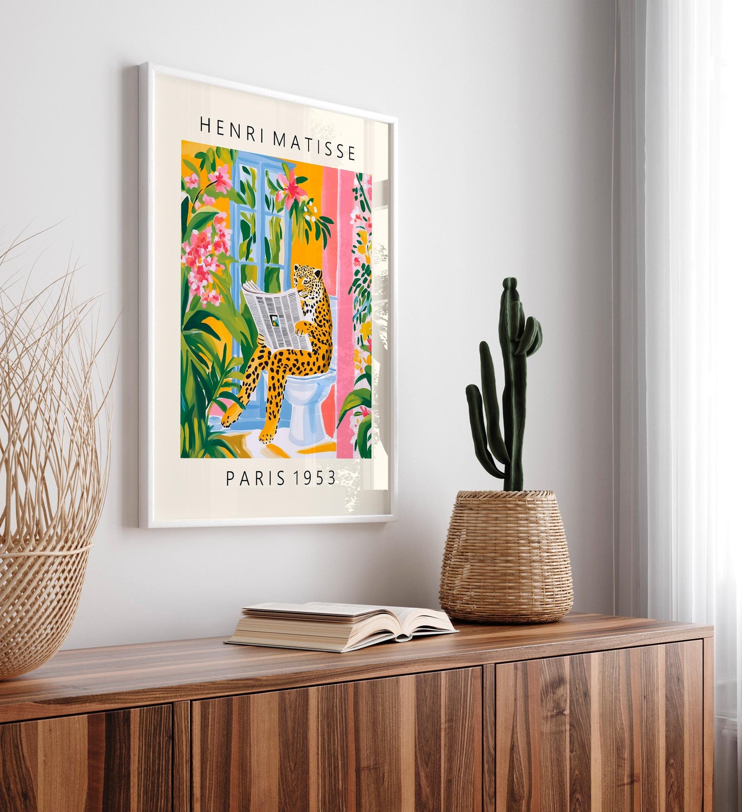 Funny Leopard Bathroom Art Print: Matisse Style Floral Decor