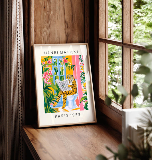 Funny Leopard Bathroom Art Print: Matisse Style Floral Decor
