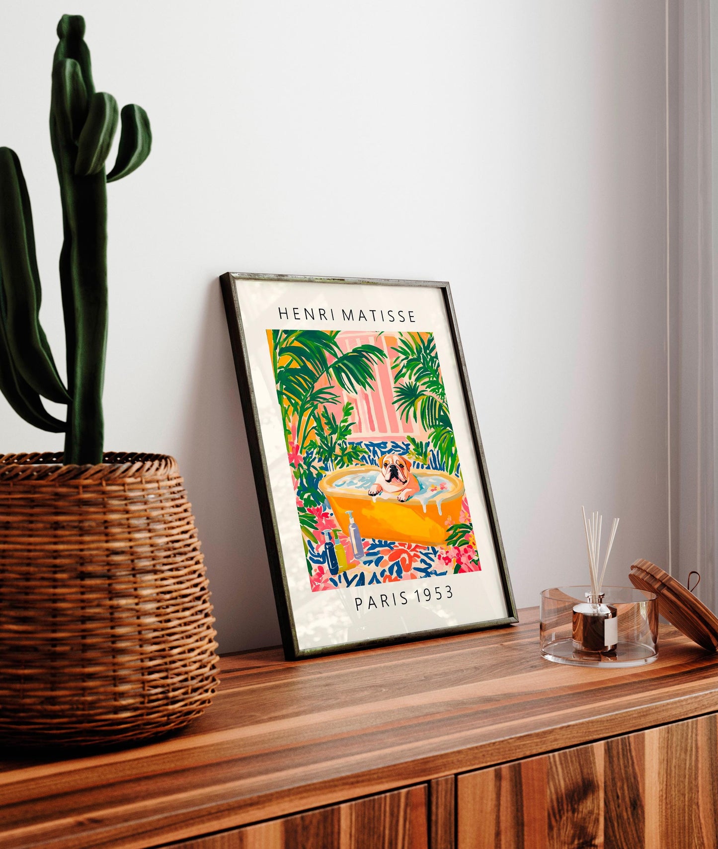 English Bulldog Art Print: Matisse Style Floral Bathroom Decor