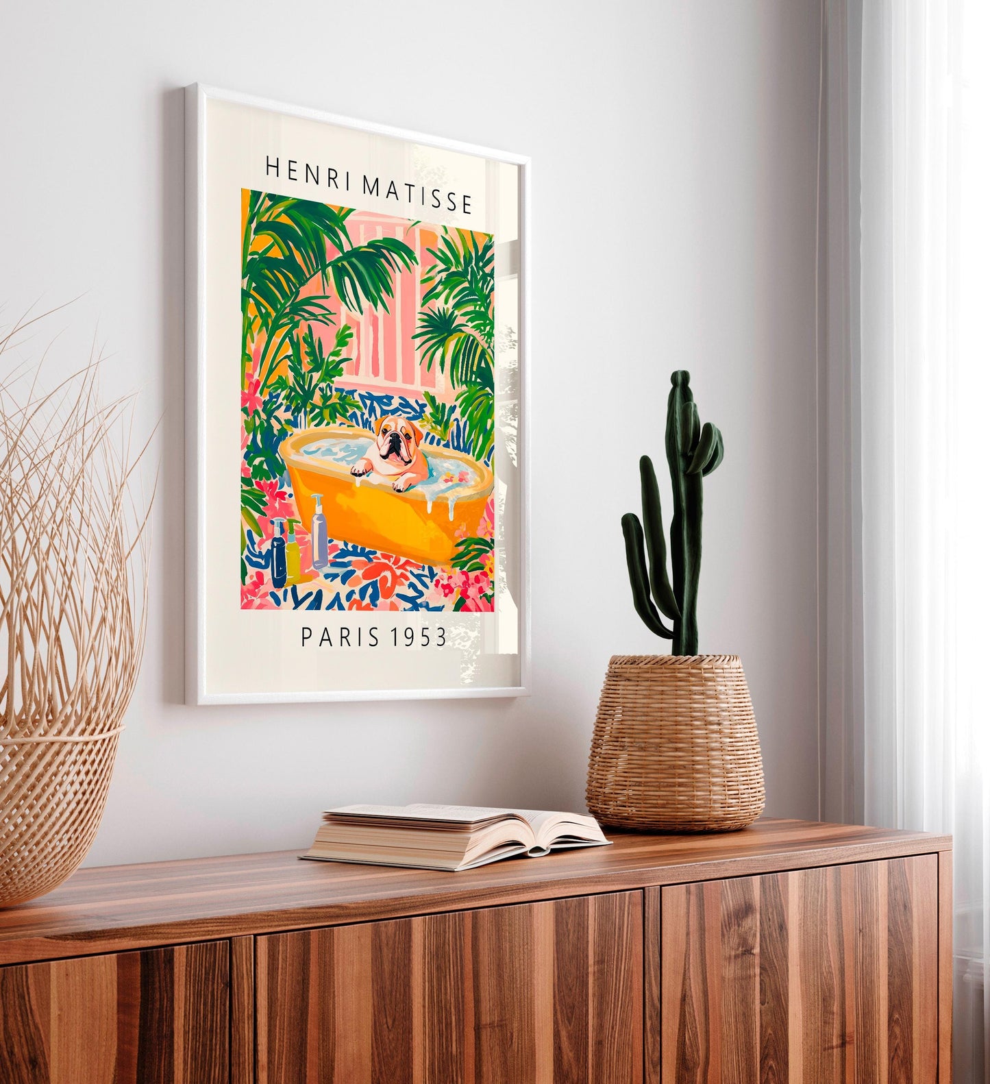 English Bulldog Art Print: Matisse Style Floral Bathroom Decor