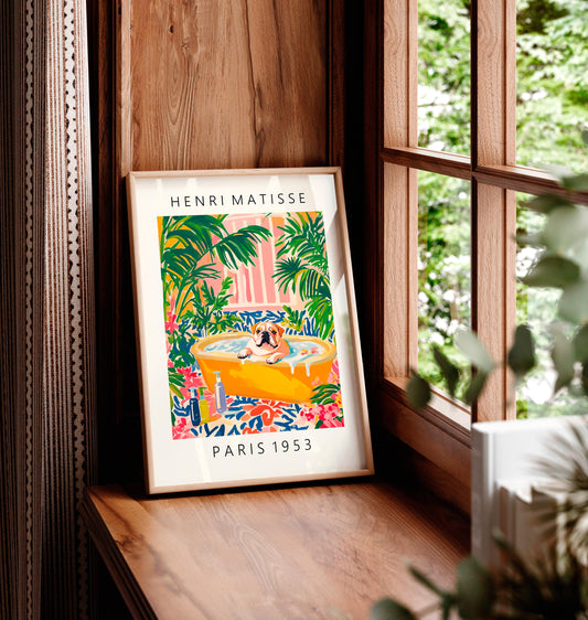 English Bulldog Art Print: Matisse Style Floral Bathroom Decor