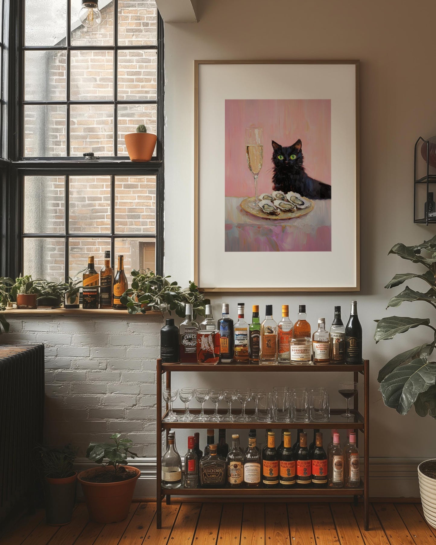Black Cat with Champagne and Oysters Art Print | Cute Quirky Whimsical | Cocktail Art Bar Cart Decor | Fine Art Print Gift | Funny Cat Art