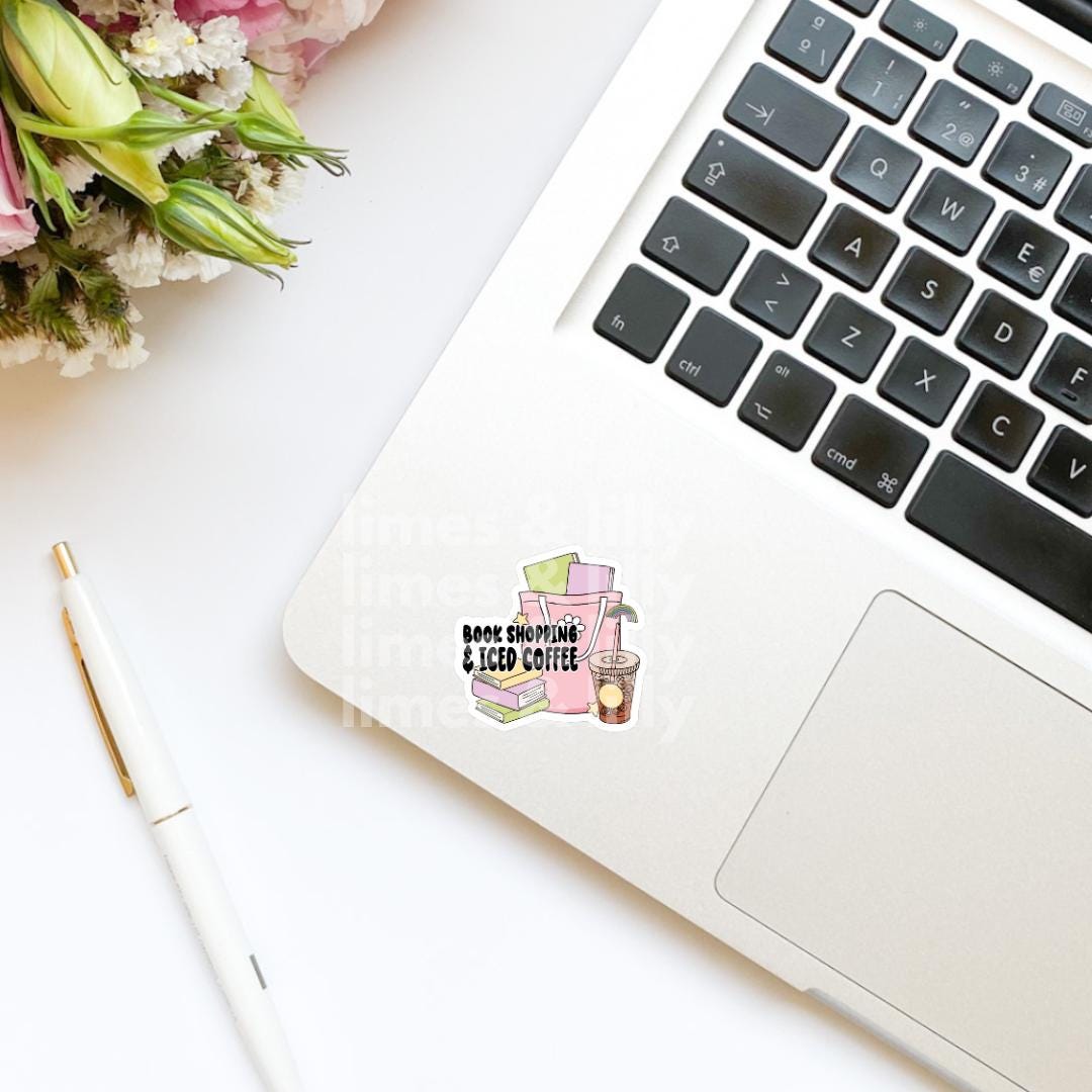 Book Shopping and Iced Coffee Tote Bag Vinyl Sticker | Kindle Sticker | Bookish Stickers | Mood Reader | Girly | Shopping Bag | Book Stack