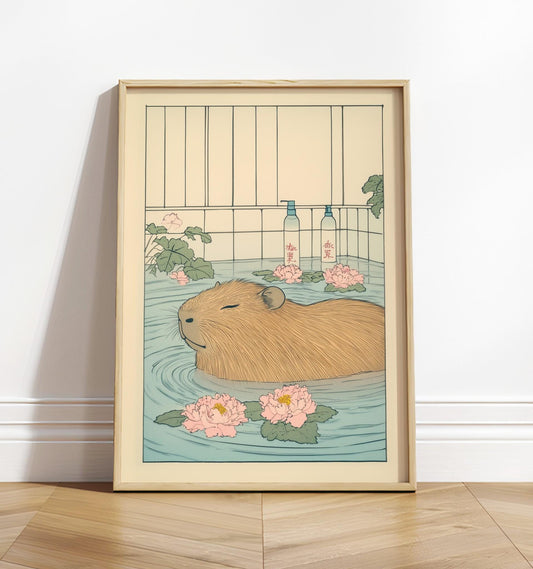 Capybara Bath Print: Japanese Ukiyo-e Animal Art