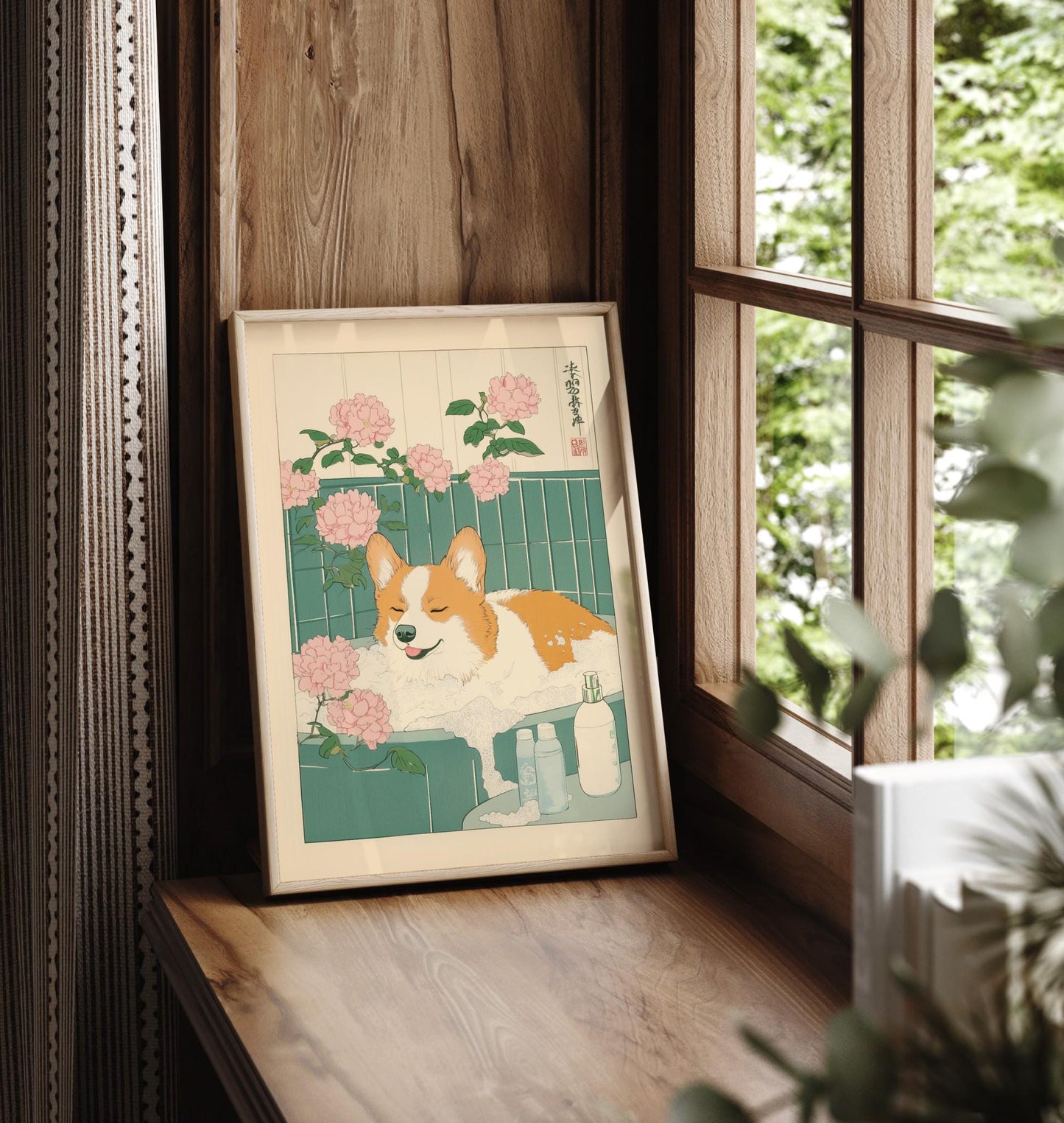 Corgi in Bathtub Art Print: Japanese Ukiyo-e Style Bathroom Decor