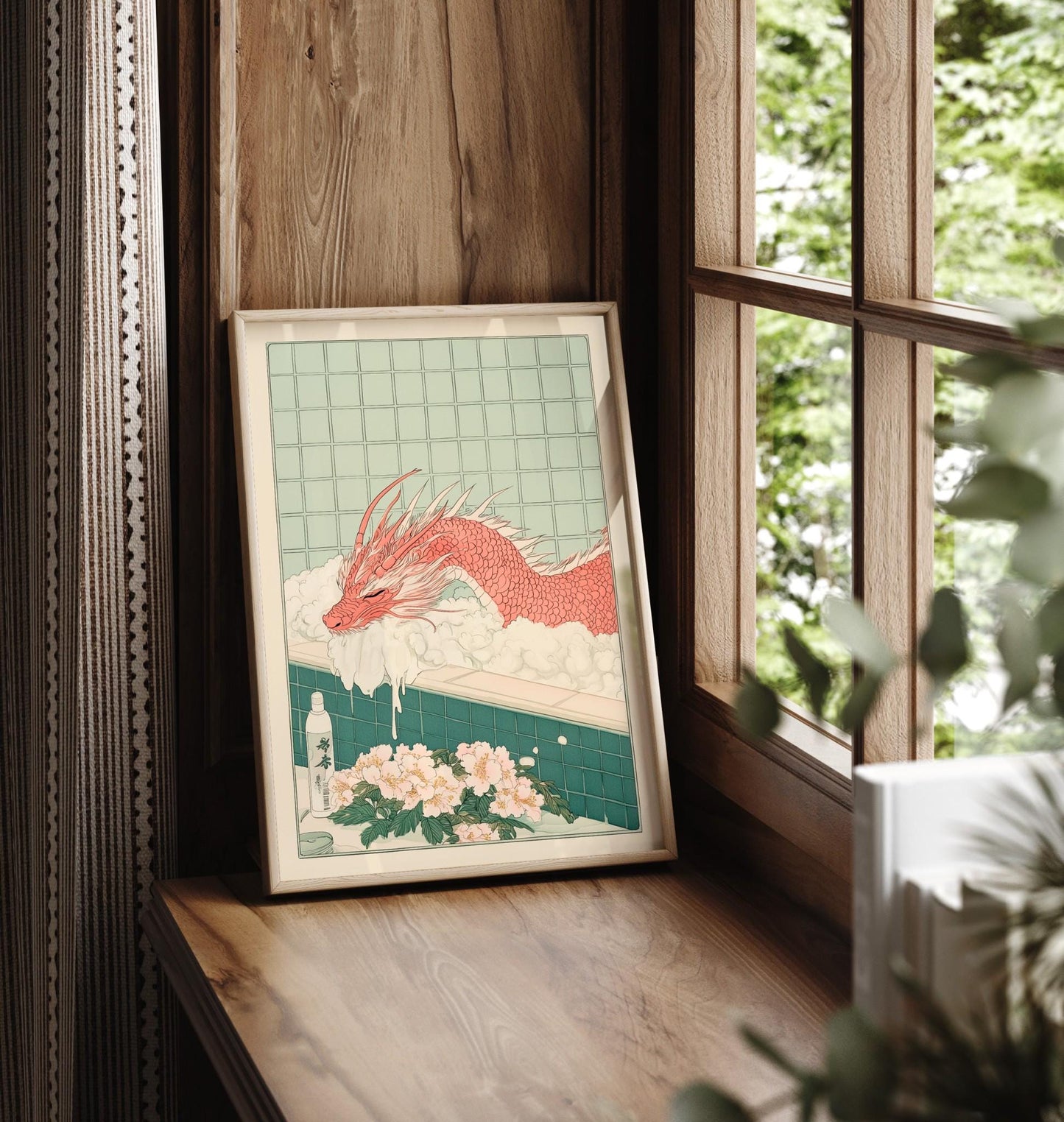 Red Dragon Bath Print: Ukiyo-e Japanese Art, Japandi Bathroom Decor