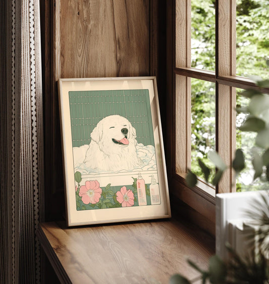 Great Pyrenees print, Japanese bathroom wall art, Funny dog print, Japandi poster, Japan art print, Aesthetic wall art, Neutral art poster
