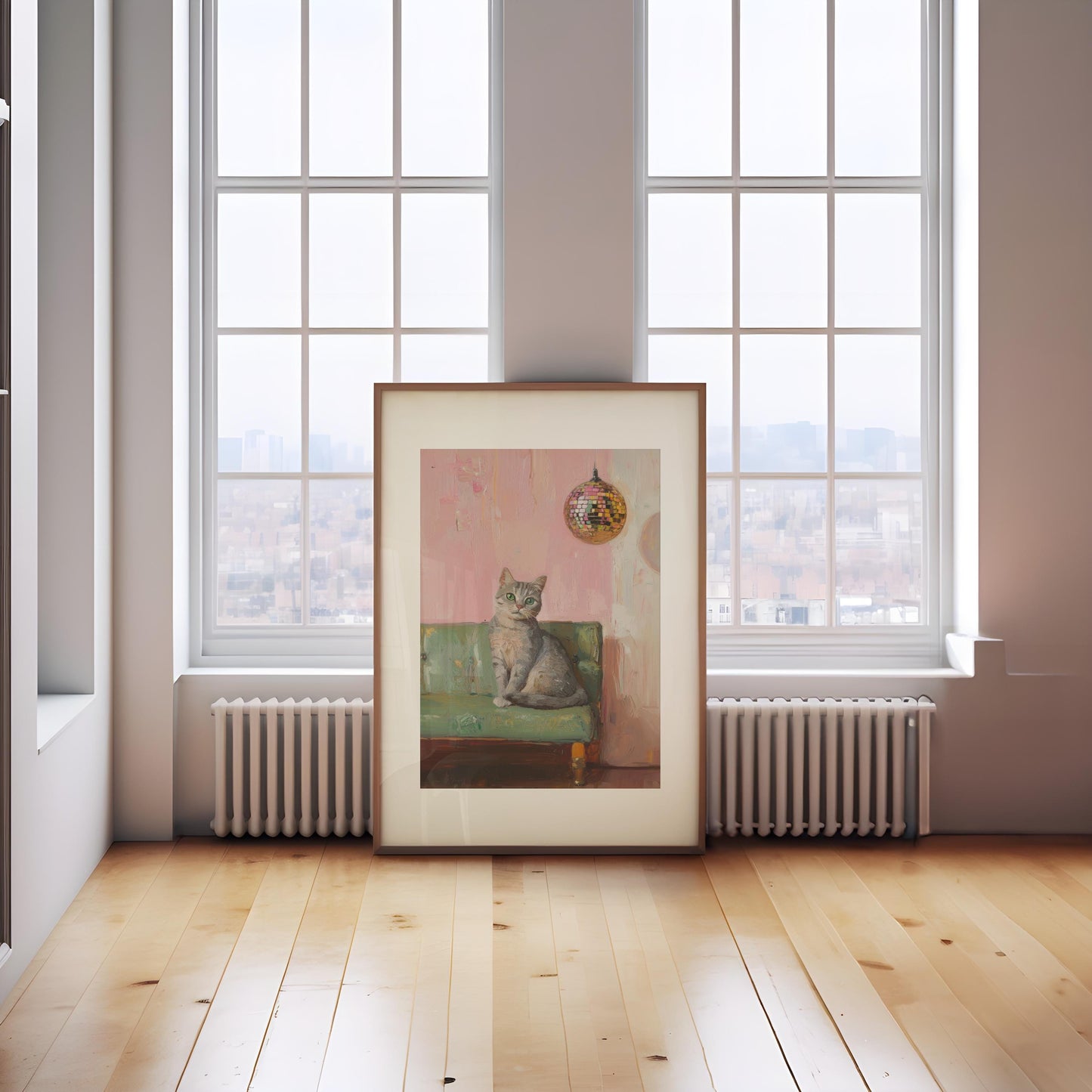 Tabby Cat with Disco Ball Art Print | Cute Quirky Whimsical | Cocktail Art Bar Cart Decor | Fine Art Print Gift | Trendy Home Wall Art Print