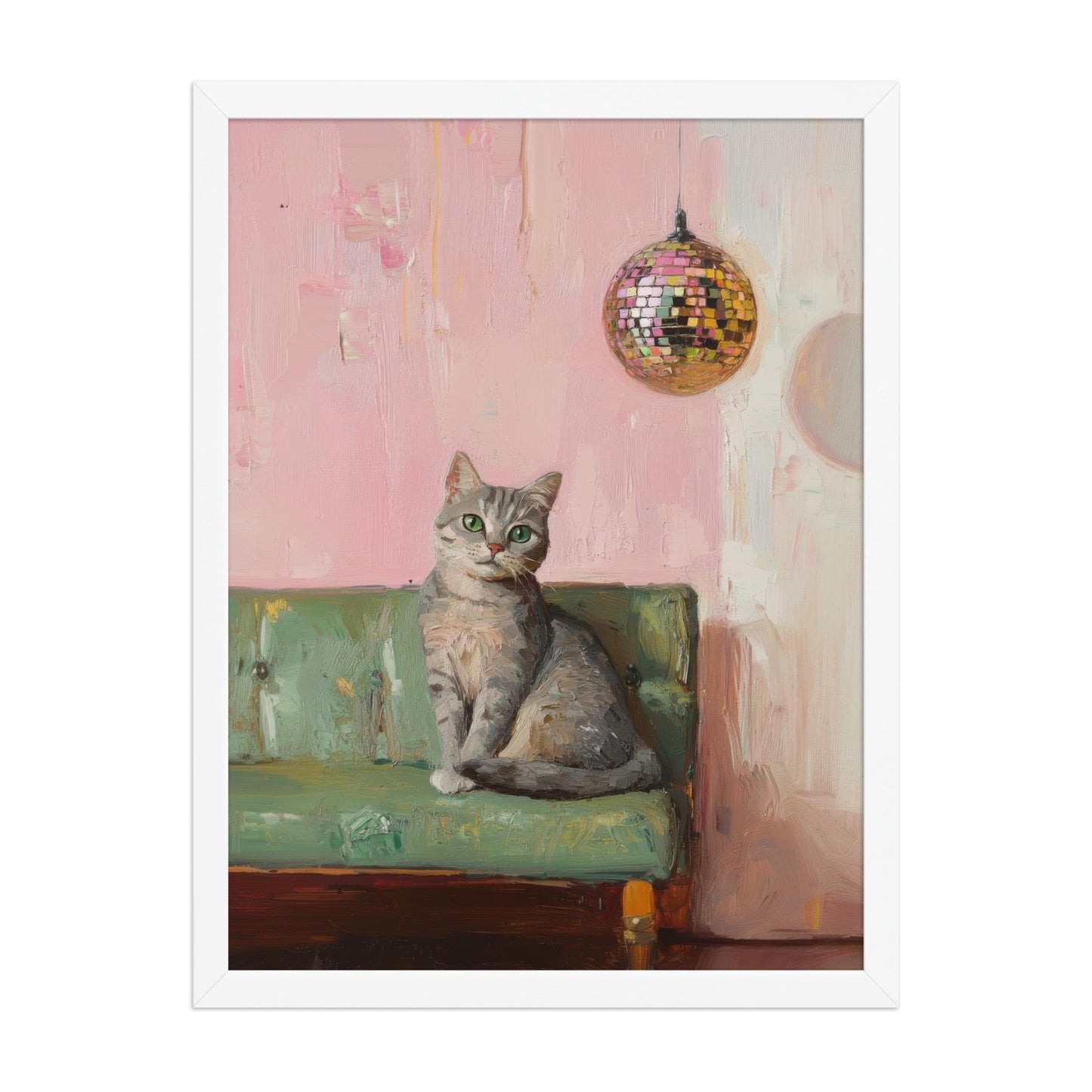 Tabby Cat with Disco Ball Art Print | Cute Quirky Whimsical | Cocktail Art Bar Cart Decor | Fine Art Print Gift | Trendy Home Wall Art Print