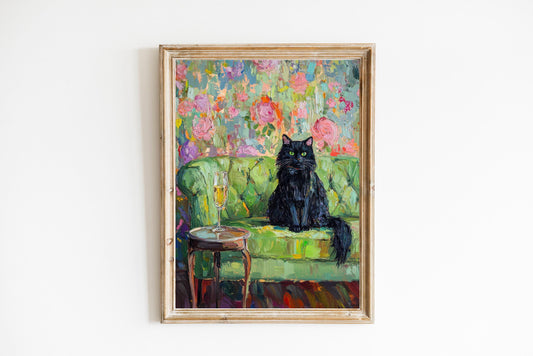 Black Cat with Champagne Art Print: Quirky Retro Bar Cart Decor