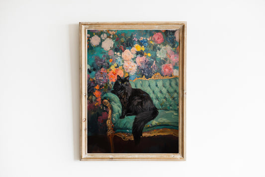Black Cat Floral Art Print: Quirky Retro Home Decor
