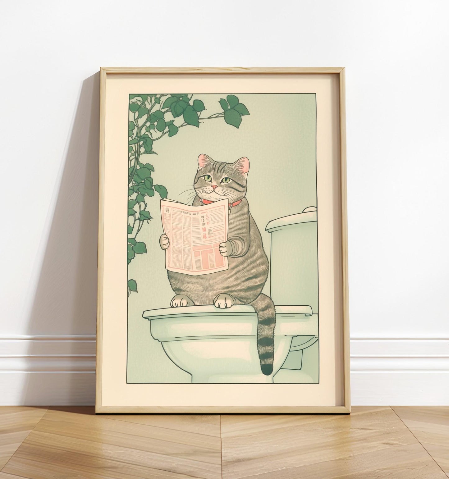 Tabby Cat Bathroom Print: Funny Japanese Ukiyo-e Poster