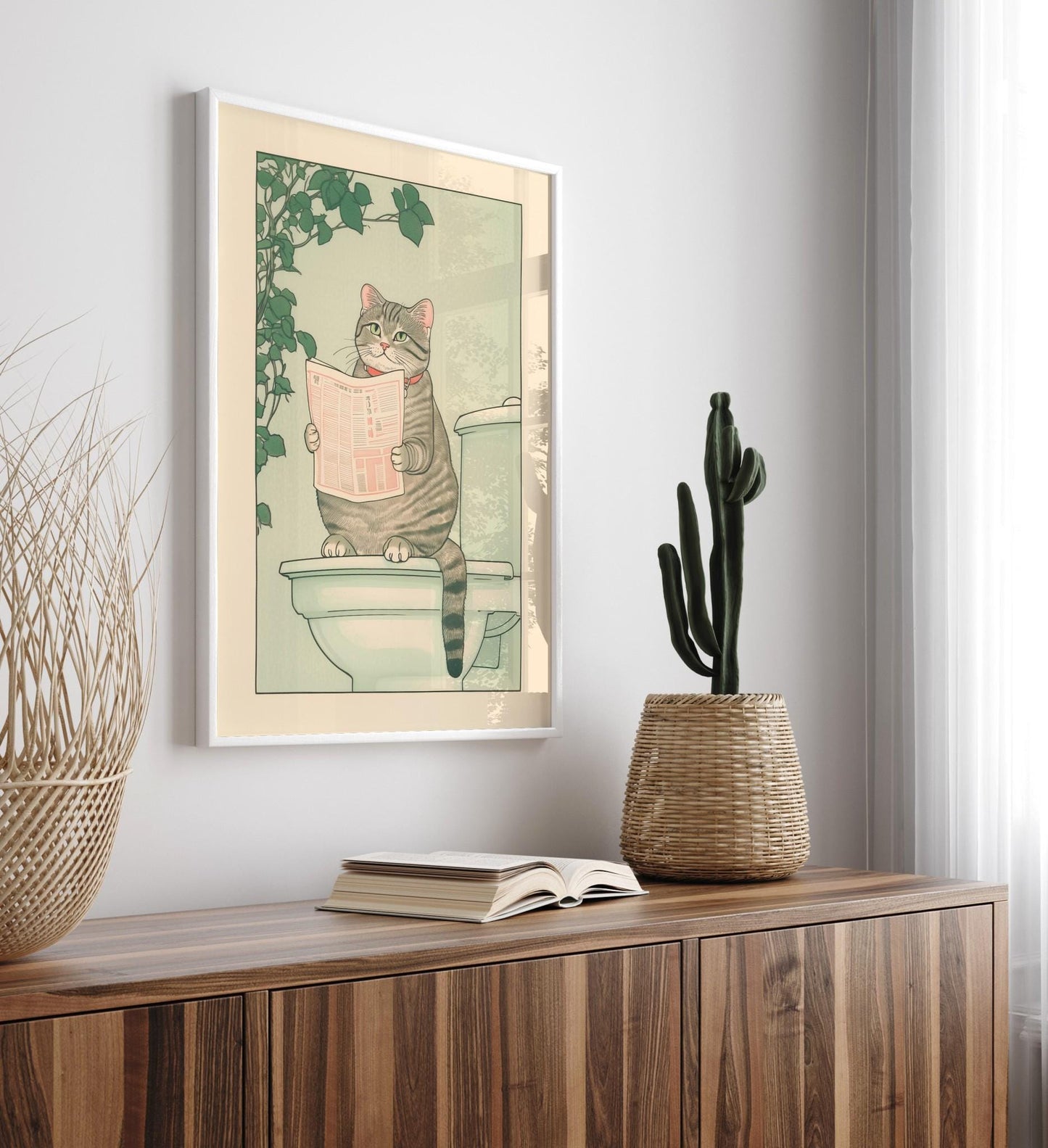 Tabby Cat Bathroom Print: Funny Japanese Ukiyo-e Poster
