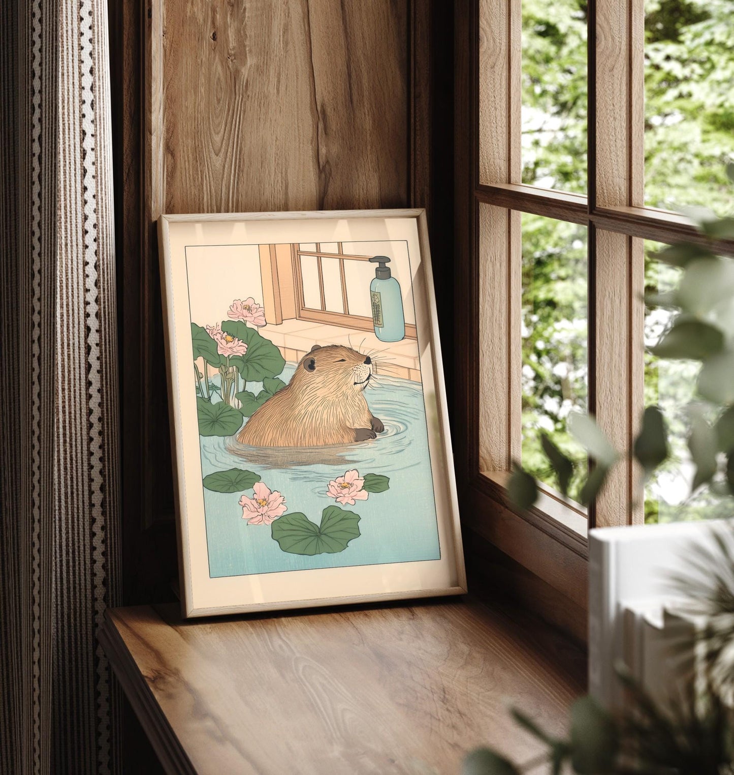Kawaii Beaver Ukiyo-e Print: Funny Bathroom Japandi Wall Art