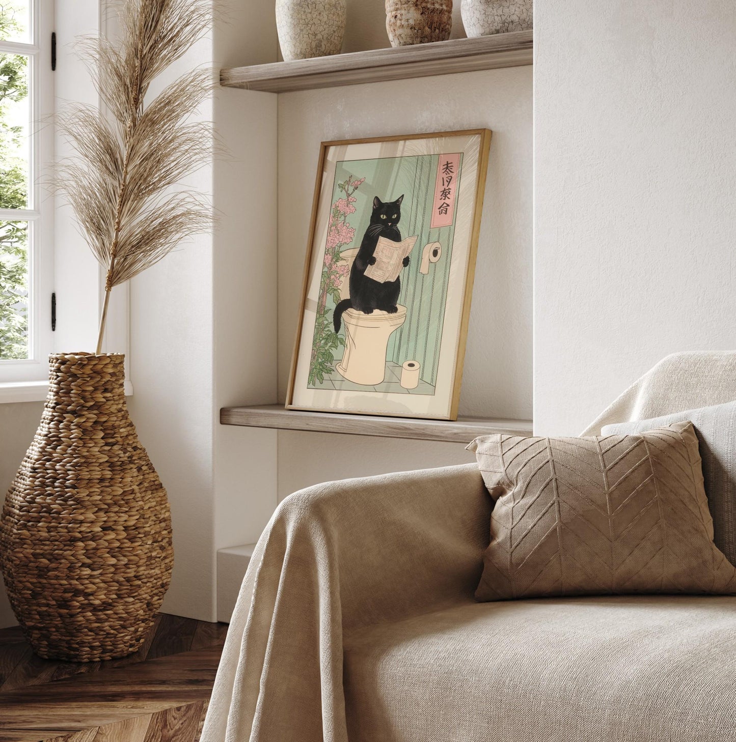 Japanese Black Cat on Toilet Print: Funny Bathroom Wall Art