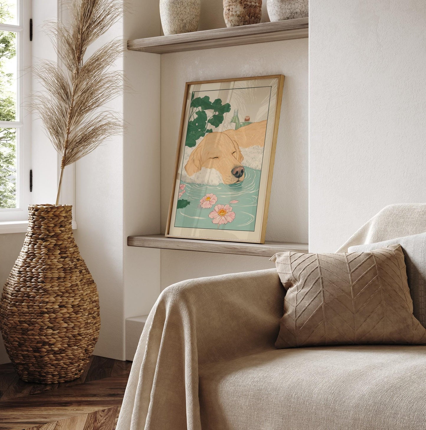 Golden Retriever Ukiyo-e Art Print: Funny Bathroom Decor