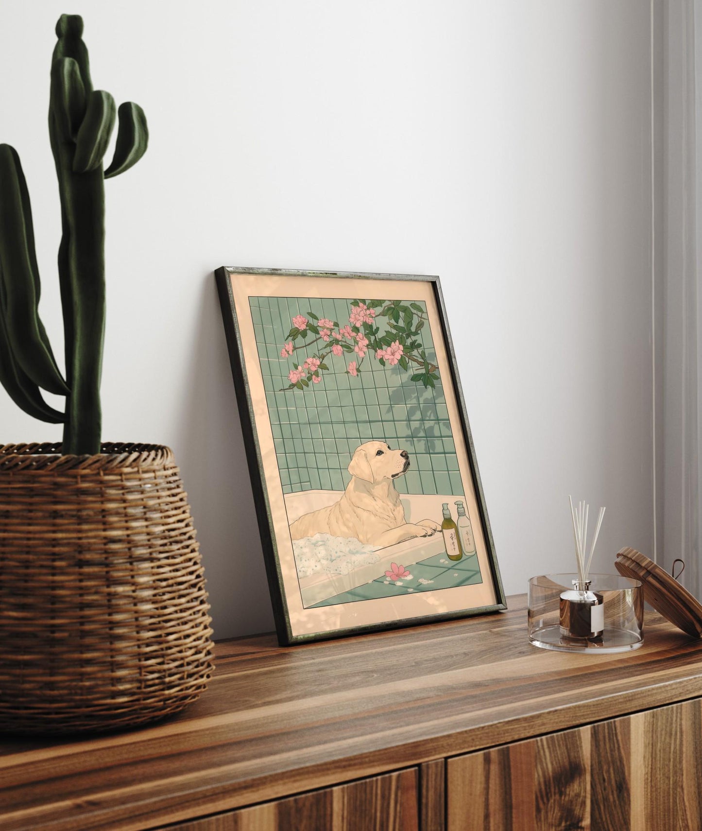 Labrador in Bathtub Art Print: Ukiyo-e Japanese Dog Decor