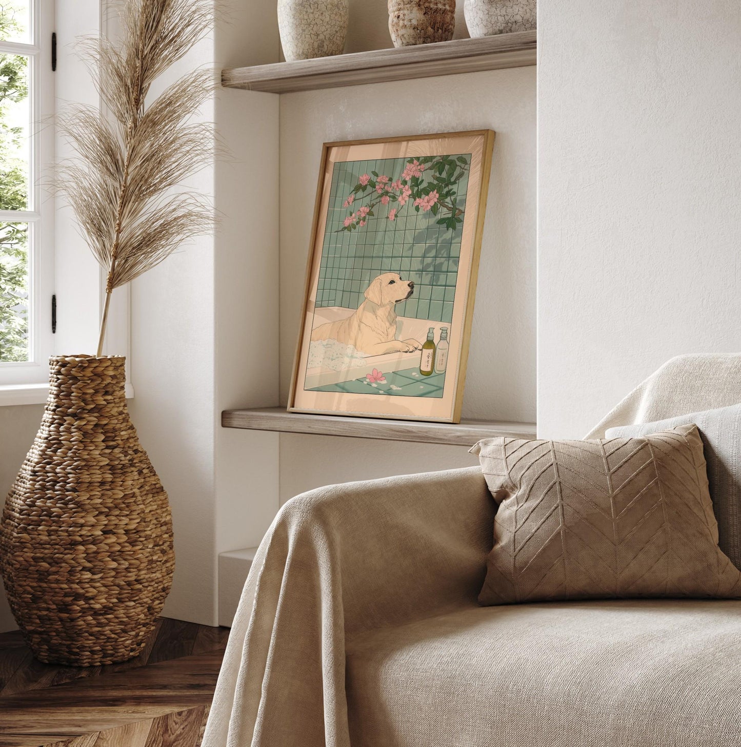 Labrador in Bathtub Art Print: Ukiyo-e Japanese Dog Decor