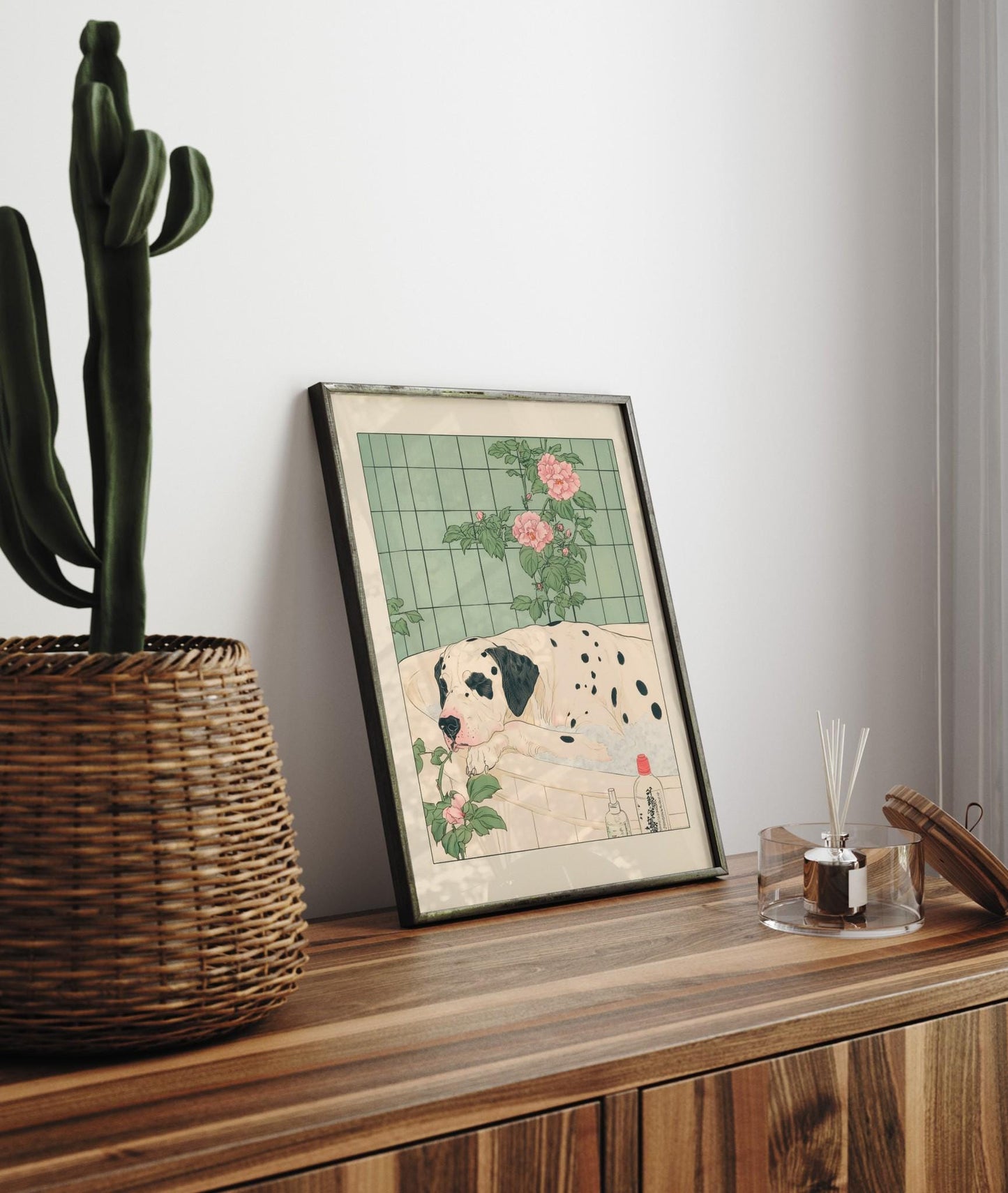 Spotty Great Dane taking a bath, Funny Japanese bathroom wall print, Dog lover gift, Japandi ukiyo-e aesthetic poster, Minimalist decor