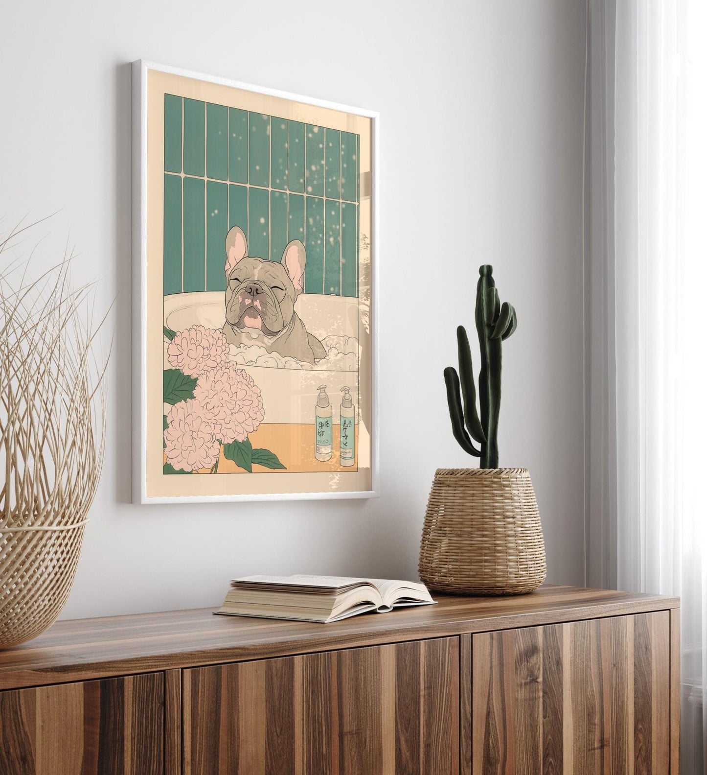French Bulldog Bathroom Print: Japanese Ukiyo-e Art, Neutral Decor