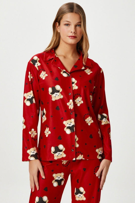 Women's Red Teddy Bear Pajama Set – Cute & Cozy Sleepwear, Soft Button-Up Nightwear, Comfortable Loungewear for Home Relaxation