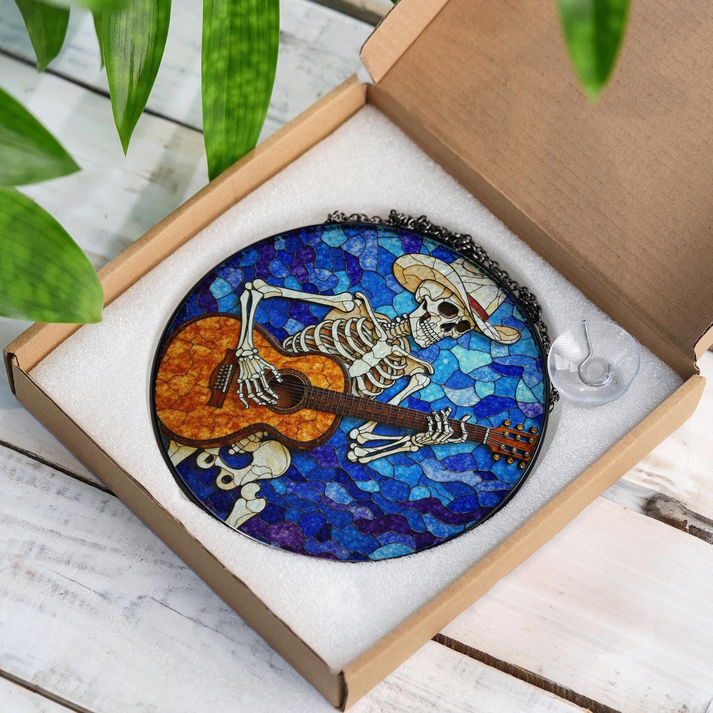 Skeleton Cowboy Playing Guitar Stained Glass Suncatcher Gift for Music Lovers