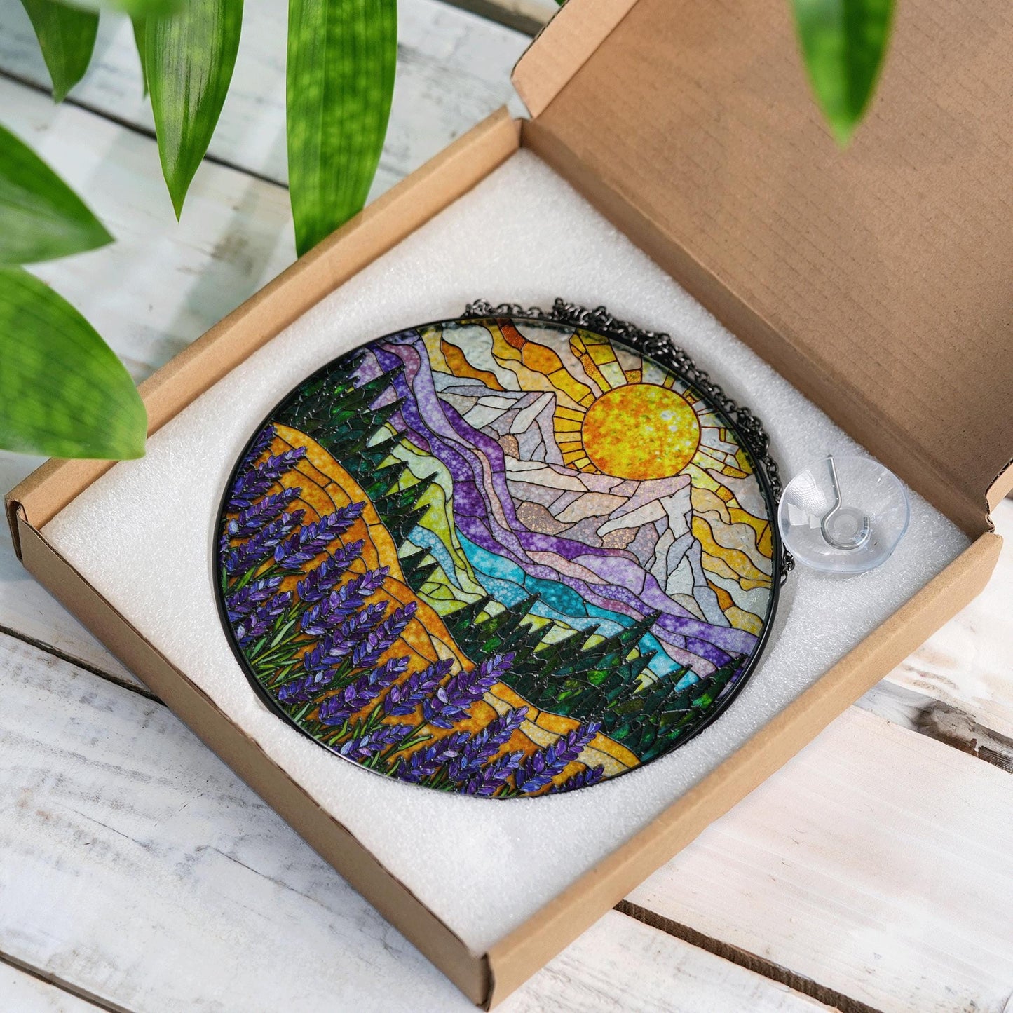 Mountain Sun Suncatcher Stained Glass Window Hanging Gift for Nature Lovers