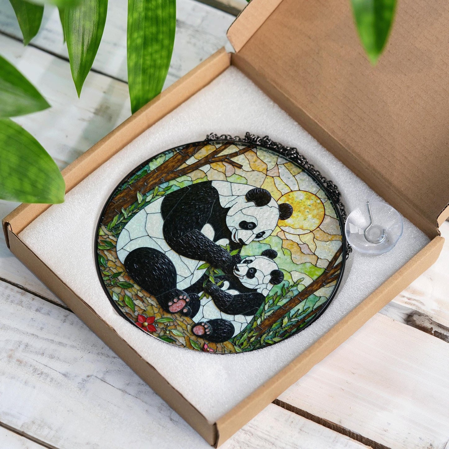 Panda Family Stained Glass Suncatcher Decorative Window Gift for Panda Lovers and Moms