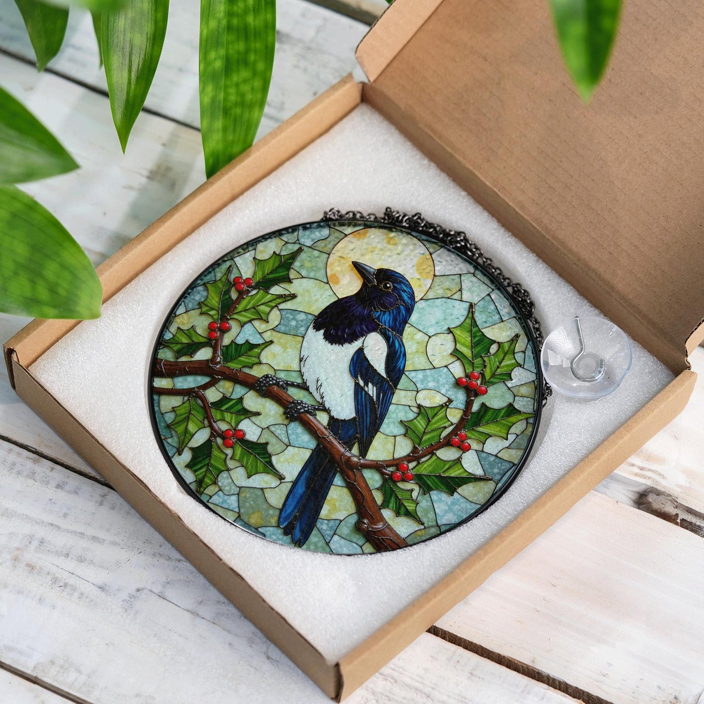 Stained Glass Magpie Suncatcher Window Hanging Bird Lover Gift Nature Decor
