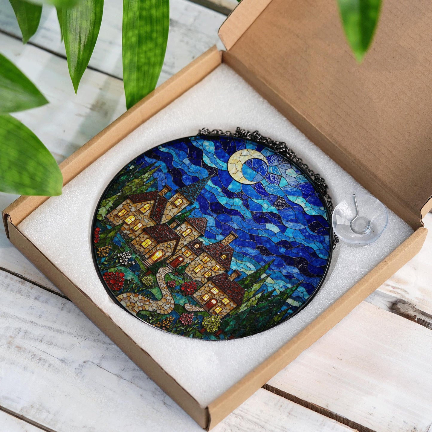 Stained Glass Village Night Scene Suncatcher Handmade Window Decor Gift for Mom Dad Friends
