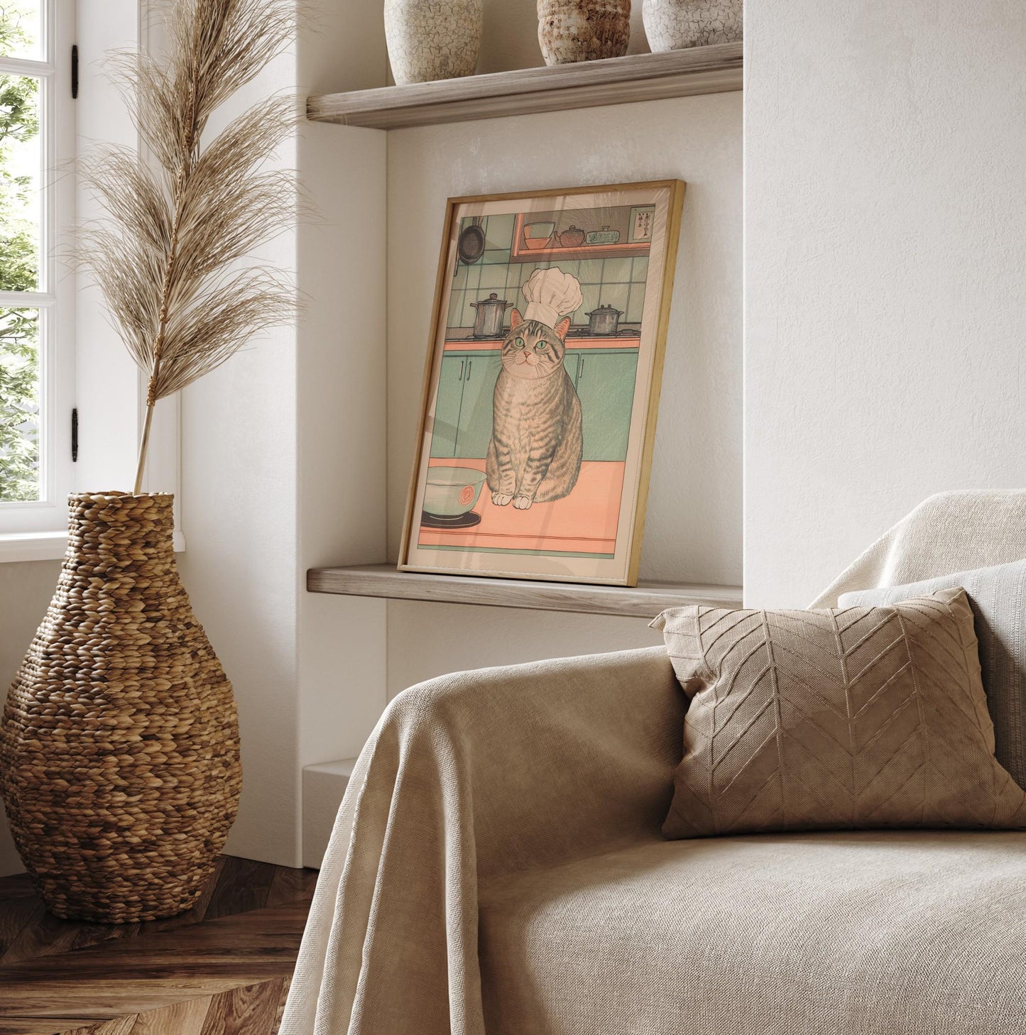 Ukiyo-e Cat Chef Print: Japanese Kitchen Art, Tabby Cat Lover Gift