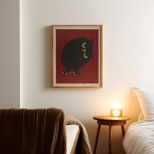 Vintage Owl Art Retro Japanese Style Drawing Print Japan Edo Poster Moody Bedroom Decor Dark Gothic Red Color Minimalist Boho Wall Art