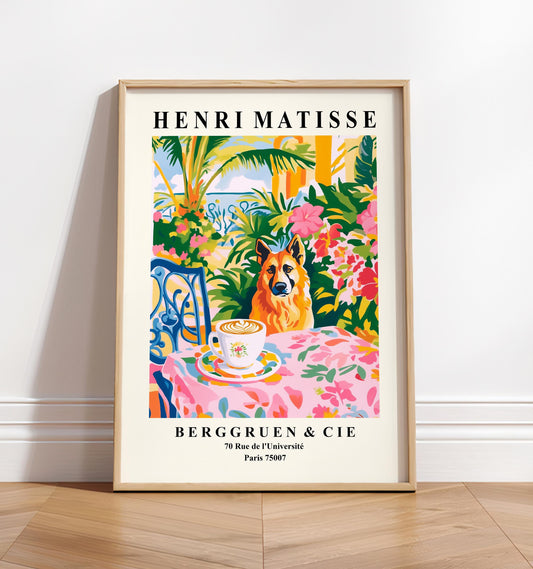 German Shepherd Dronking Coffee Art Print: Matisse Style Dopamine Decor