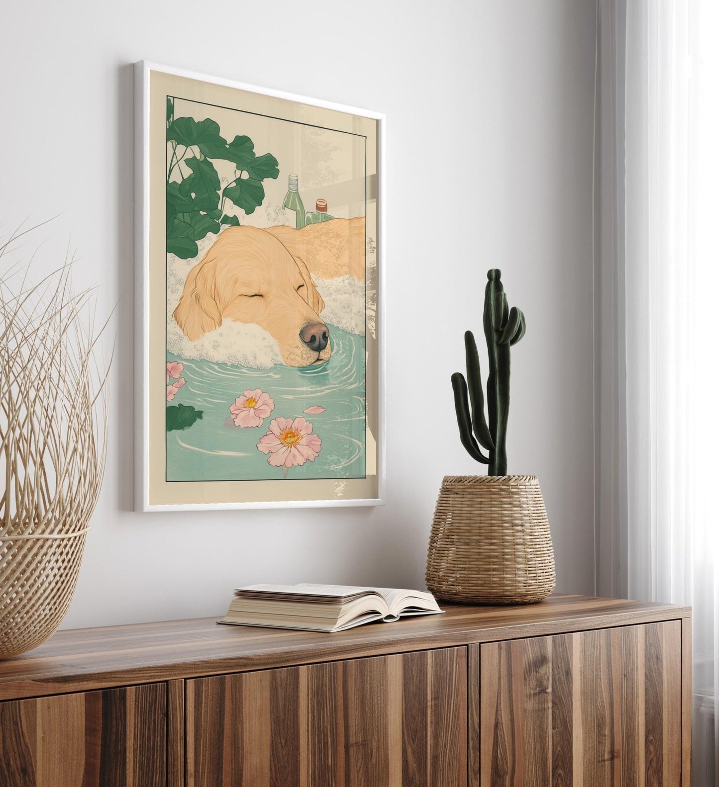 Golden Retriever Ukiyo-e Art Print: Funny Bathroom Decor